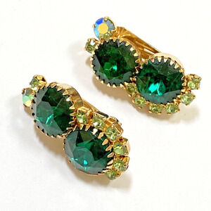 Vintage Clip On Earrings Bold Chunky Runway Greens & Goldtone Statement Jewelry